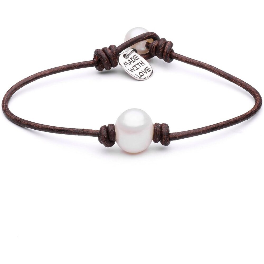 Cultured Freshwater Single Pearl Bracelet Handmade Genuine Leather Wrap Bracelet